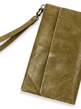 HOBO International Leather Wristlet Clutch Olive Green Embossed Paisley Boho